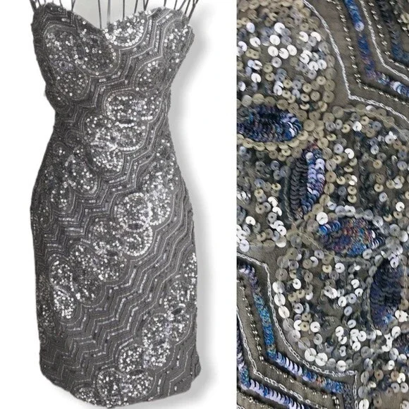 SCALA Sequin Beaded Embellished Chain Metallic Strapless Cocktail Prom Dress 0 - Picture 4 of 10